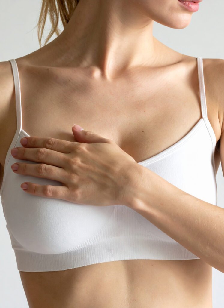 Woman performing a self breast exam checking for lumps