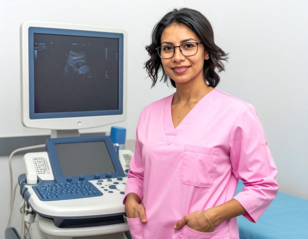 Doctor standing next to a ultrasound machine about to perform a breast cancer screening