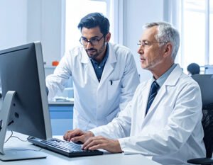 Two doctors looking at the results of a Oncotype DX breast reoccurrence test