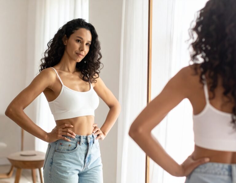 Woman standing in front of a mirror wondering how to complete a self-exam